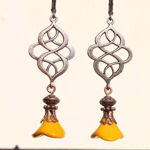 Yellow Mustard Earrings Copper Earrings Czech by NtikArtJewelry