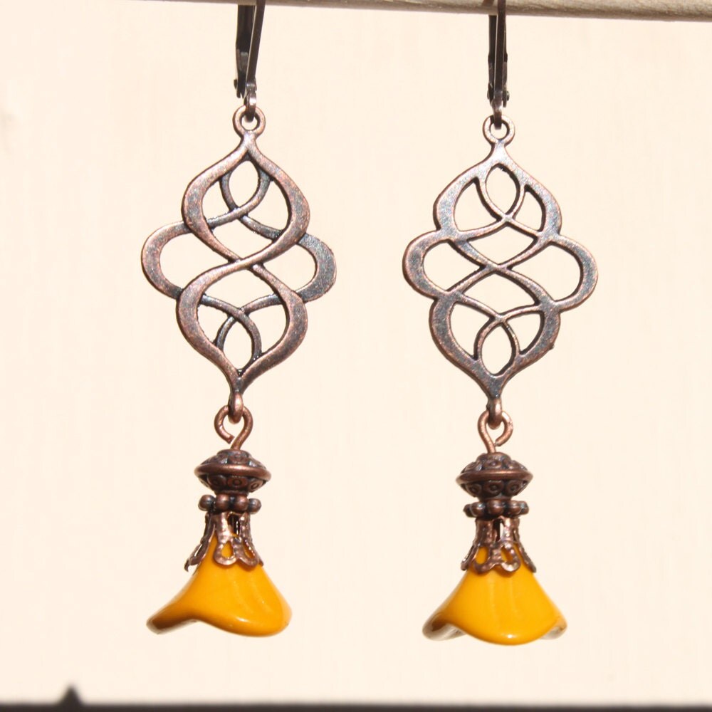 Yellow Mustard Earrings Copper Earrings Czech Glass Earrings