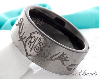 Tungsten Wedding Band Deer Antler Ring Deer Track Black Monogram Ring Mens Tungsten Crest Ring Initails Ring Anniversary Ring Promise Ring