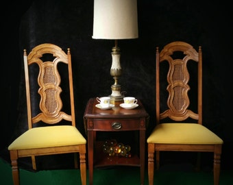 Mid Century Dining Chairs, Hollywood Regency High Back Side Chairs, Vintage Pair Tall Armless Chairs, MCM Cane Back Foyer Entryway Chair Set