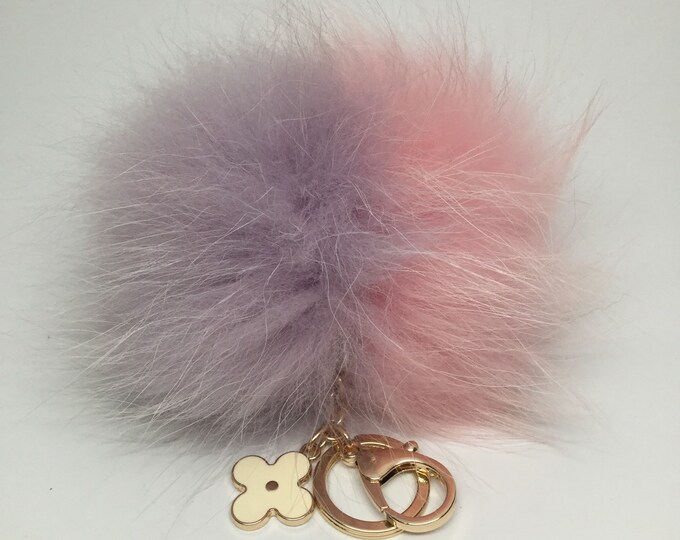 Grand Duo Lavender/Pale pink Raccoon Fur Pom Pom luxury bag pendant flower clover charm keychain bag charm