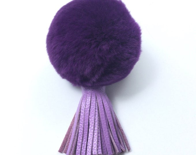 Deep Purple Rex Rabbit Fur Pompon bag charm pendant Fur Pom Pom keychain with real leather tassel