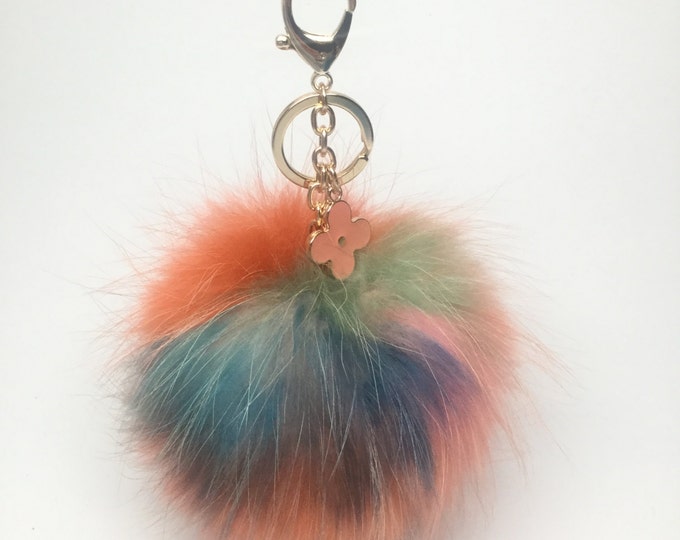 NEW Collection Dimensional Swirl™ Multi Color Raccoon Fur Pom Pom bag charm clover flower charm keychain piece no.281