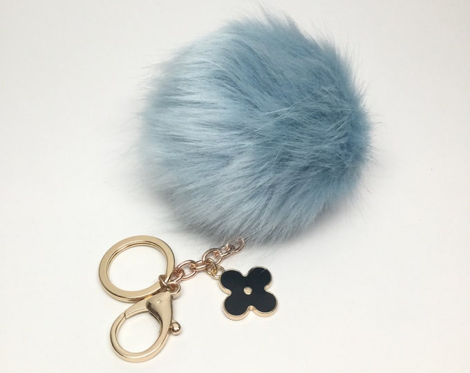 Dreamy Blue Faux Rabbit Fur Pom Pom bag Keyring keychain fake ball puff