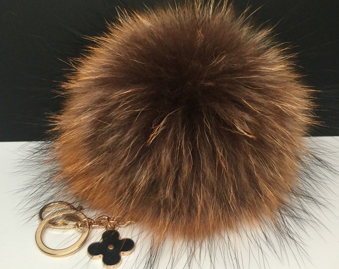 Instagram / Blogger Recommended Dimensional Swirl™ Rusty Raccoon Fur Pom Pom bag charm clover flower charm keychain