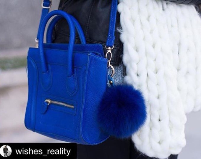 Instagram/Blogger Recommended Royal blue Fox Fur Pom Pom luxury bag pendant with leather strap metal buckle key ring chain bag charm