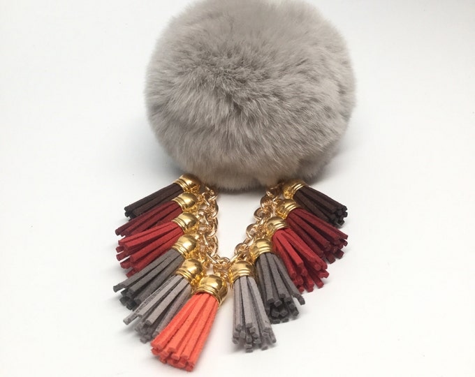 Semi-Annual Sale Fur Pom Pom "Oxford Grey Fringe" fluffyball pompon bag charm tassel keychain with tassel elements charms