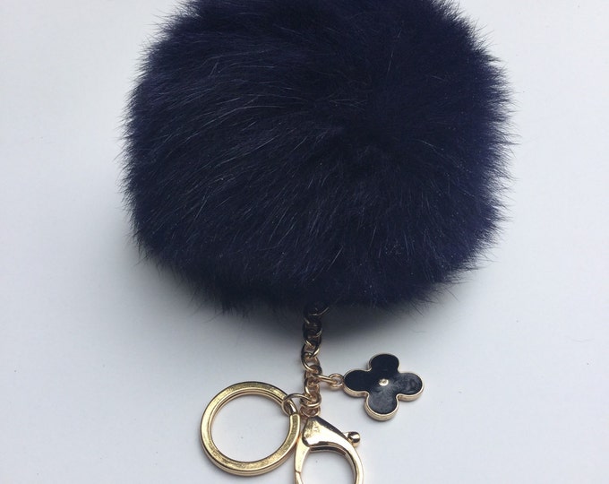 New! Navy fox fur Pompon bag charm pendant Fur Pom Pom keychain keyring with flower charm