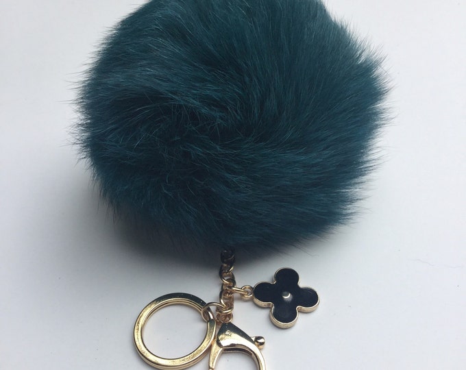 New! Blue-Green fox fur Pompon bag charm pendant Fur Pom Pom keychain keyring with flower charm