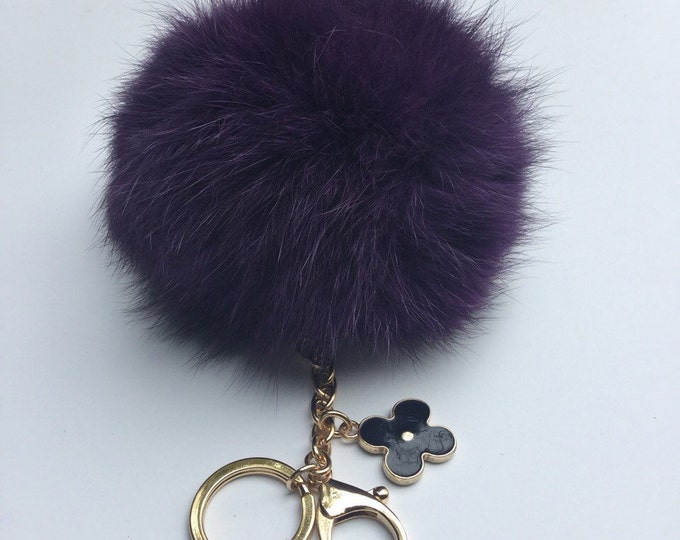 New! Deep Purple fox fur Pompon bag charm pendant Fur Pom Pom keychain keyring with flower charm