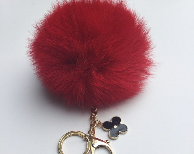 New! Red fox fur Pompon bag charm pendant Fur Pom Pom keychain keyring with flower charm
