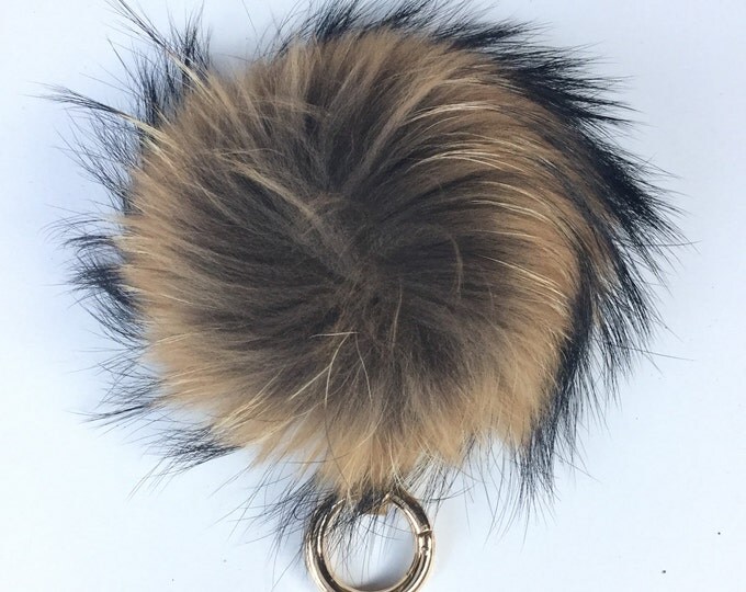 Fur pom pom keychain, bag pendant strap and clasp buckle natural no dye color tone