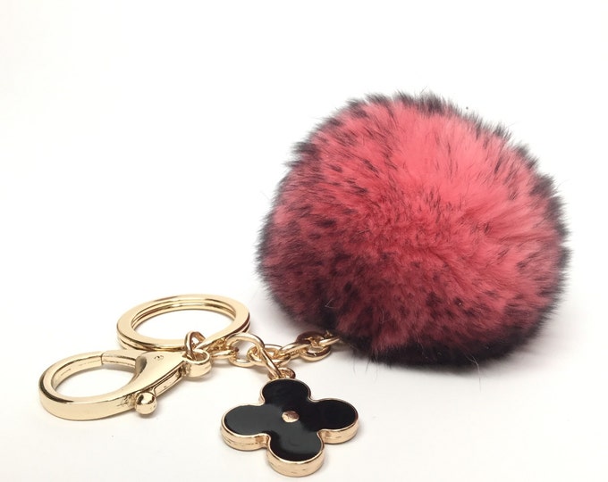 NEW Pom-Perfect Pink Black Frost REX Rabbit fur pom pom ball with black flower keychain