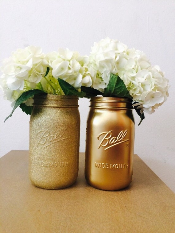 Set of 2 gold mason jars metallic gold by RoslynBackCollection