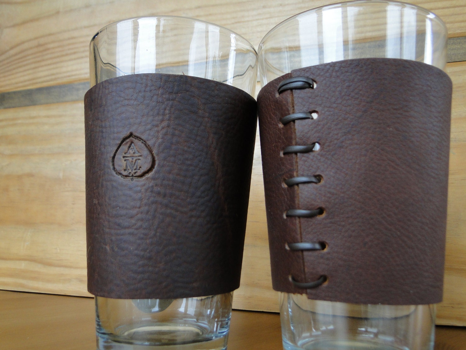 Leather Pint Glass sleeve with custom lettering Does not