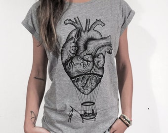 anatomical heart shirt, women's t-shirt, hot air balloon print, heart t-shirt for woman, steampunk clothing, human anatomy, girlfriend gift