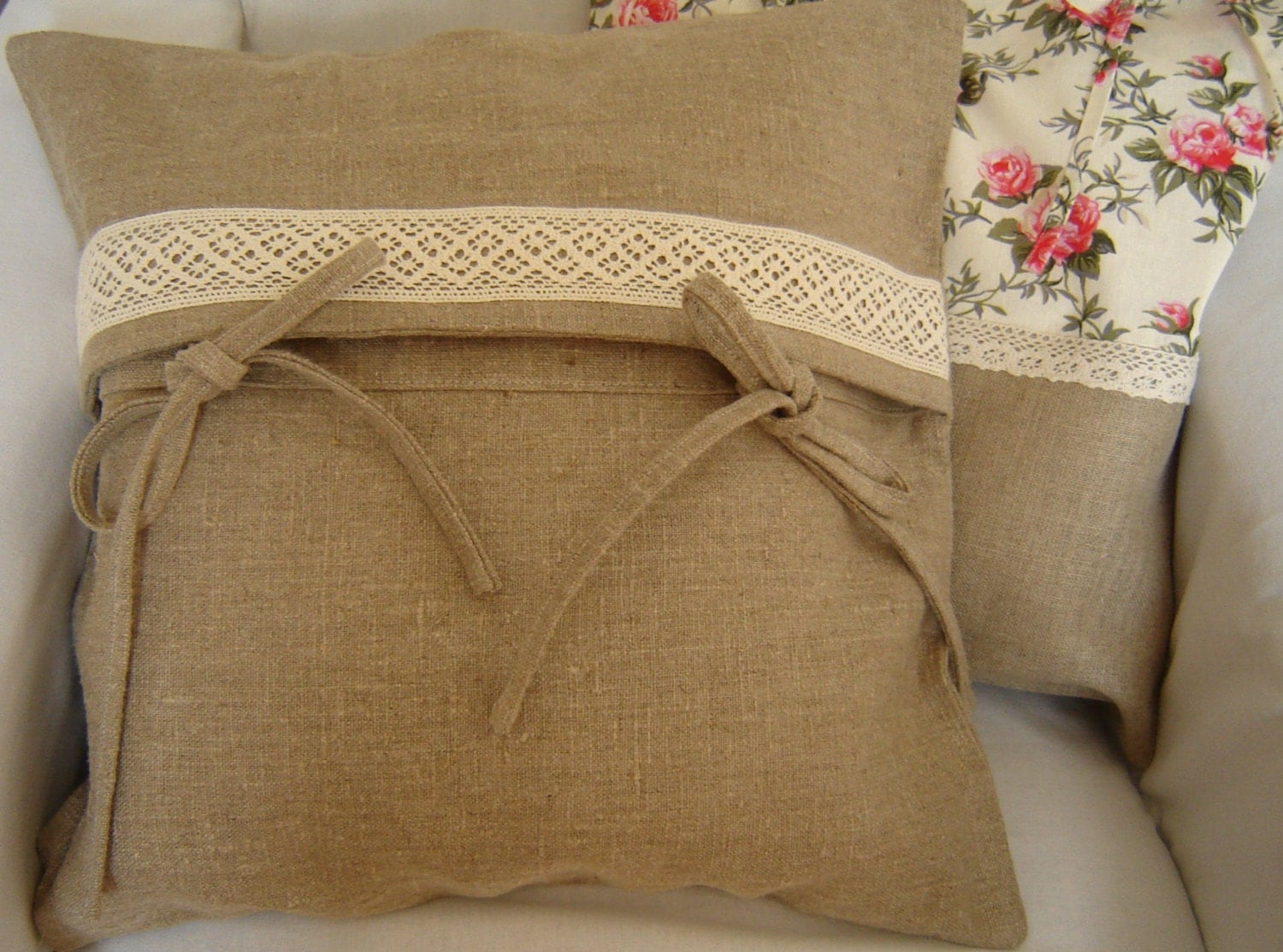 Natural linen pillow cover with cotton lace. Decorative