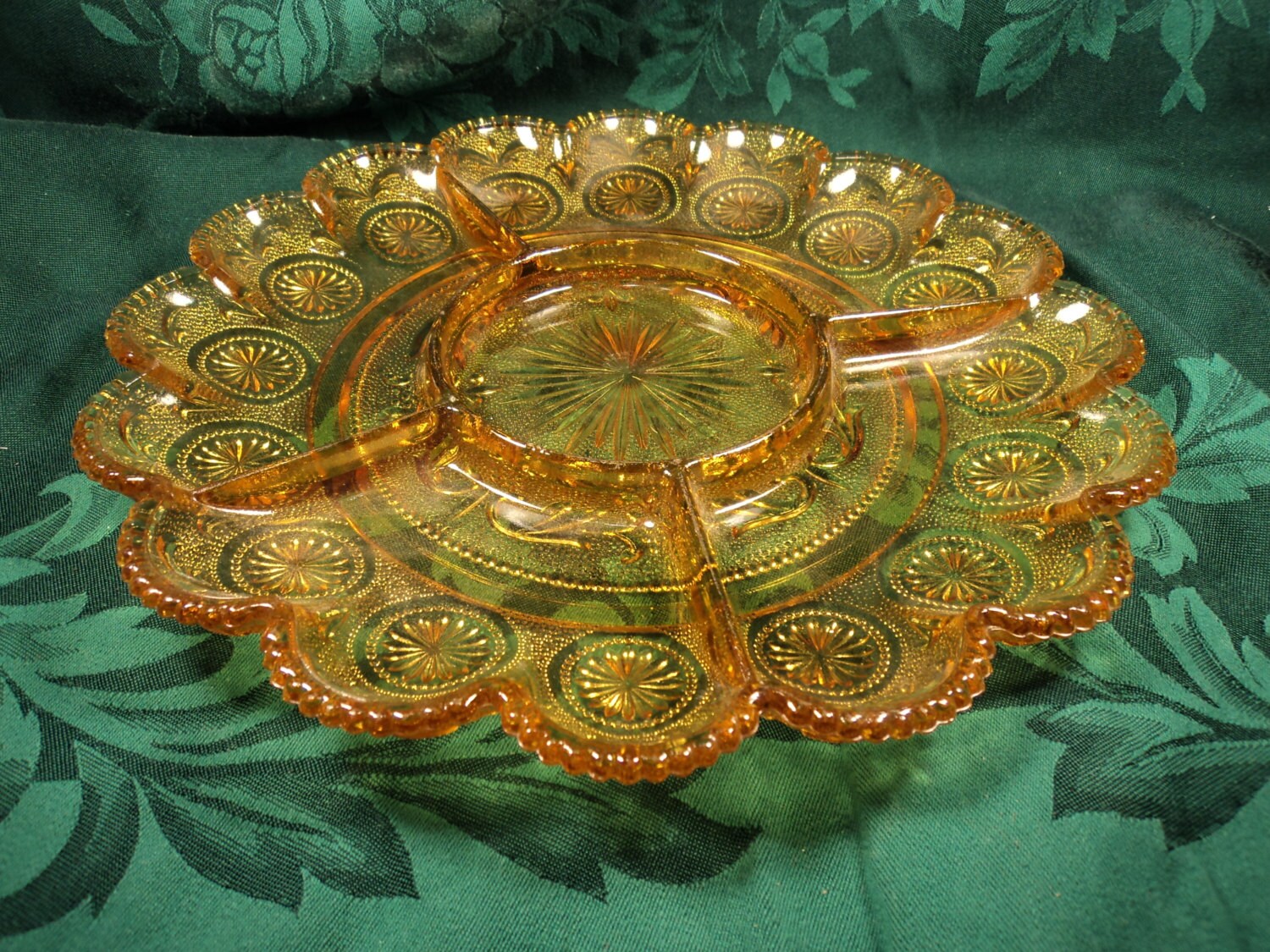 Brockway American Concord Divided Serving Platter, Amber Sandwich Glass