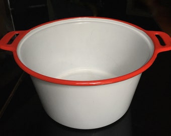 White Enamelware Pot with Red Trim