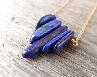 Lapis lazuli necklace, blue stone bar necklace, 14K gold filled, sterling silver, natural jewelry, September birthstone necklace
