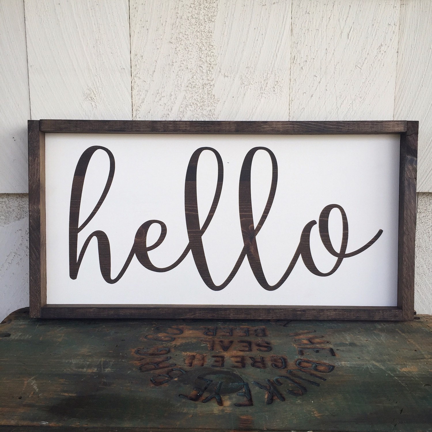 Hello Framed Wood Sign Cursive Handwritten by 4Lovecustomgifts