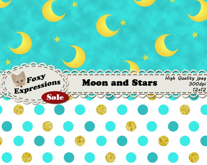 Aqua and Marigold, Moon and Stars in shades of blue, yellow and gold with checkers, stripes, stars, moons, polka dots, damask and bubbles