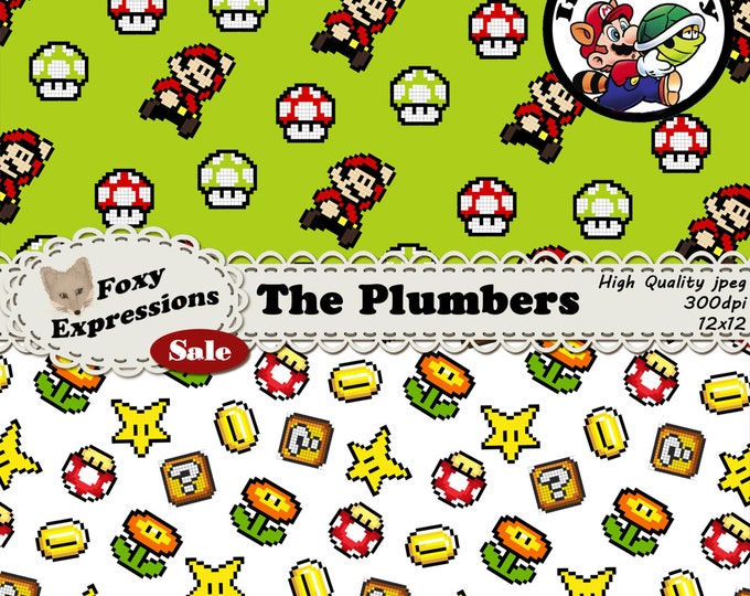 The Plumbers inspired by Super Mario Bros. Designs include Mario, Luigi, mushrooms, 1 ups, ? blocks, coins, boo, koopa troopa, pipes & more