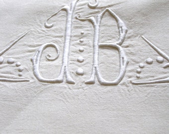 SUPERB DOWRY SHEET.. Ecru Linen Metis Monogram J B . 200 cms x 315 cms