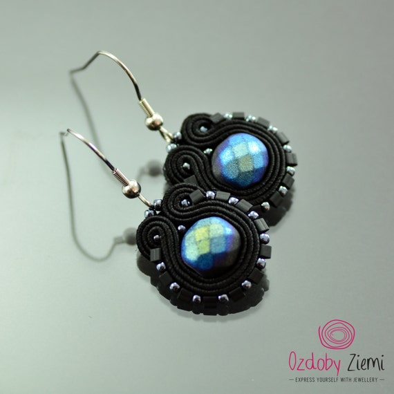 Small Blue Black Soutache Earrings Humming-bird Blue