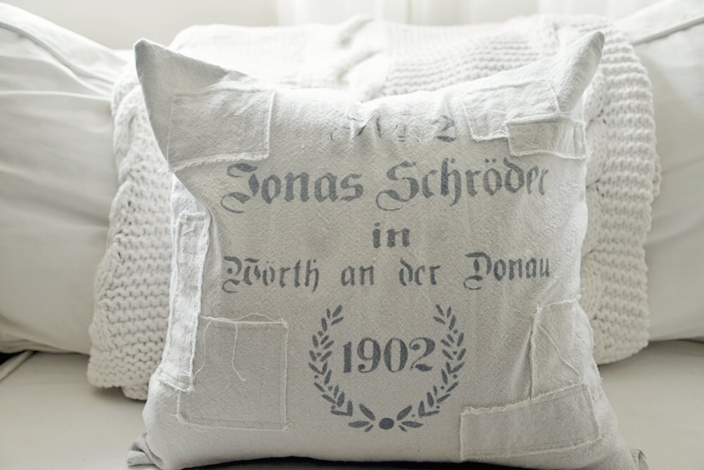 German Grainsack Pillow with patches 16x16 18x18 or 20x20.