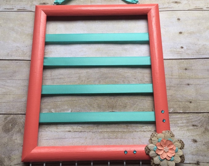 Coral and teal Bow and Headband Holder,  Hair bow holder, Jewelry Organizer, Barrette Hair bow and headband, picture frame hair bow storage