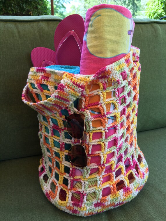 Items similar to Crochet Cotton Mesh Tote Beach Bag, Reusable Shopping