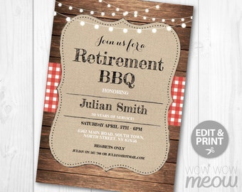 Retirement BBQ Invitation Garden Party Retired Invite INSTANT DOWNLOAD Printable Editable Womens Mens Rustic Lights Let's Celebrate