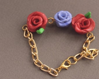 Red and Blue Rose Fimo Clay Gold-Plated Bracelet