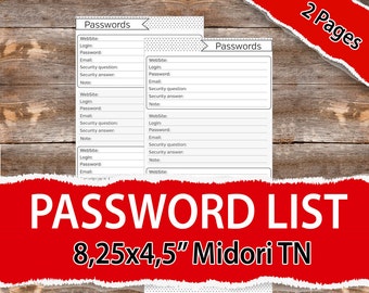 Midori insert, Midori Password List, Midori traveler notebook insert, Traveler notebook password insert, Midori printable 8,5x11" PDF