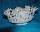 Fenton Signed 10" Silver Crest Spanish Lace BOWL with Hand Painted Flowers