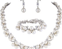 Ivory Pearl Set,Medieval Jewelry Set,Wedding Necklace Bracelet Earrings Set,Bridal Jewerly Set,Bridesmaid Jewerly Set,Wedding Set-10396
