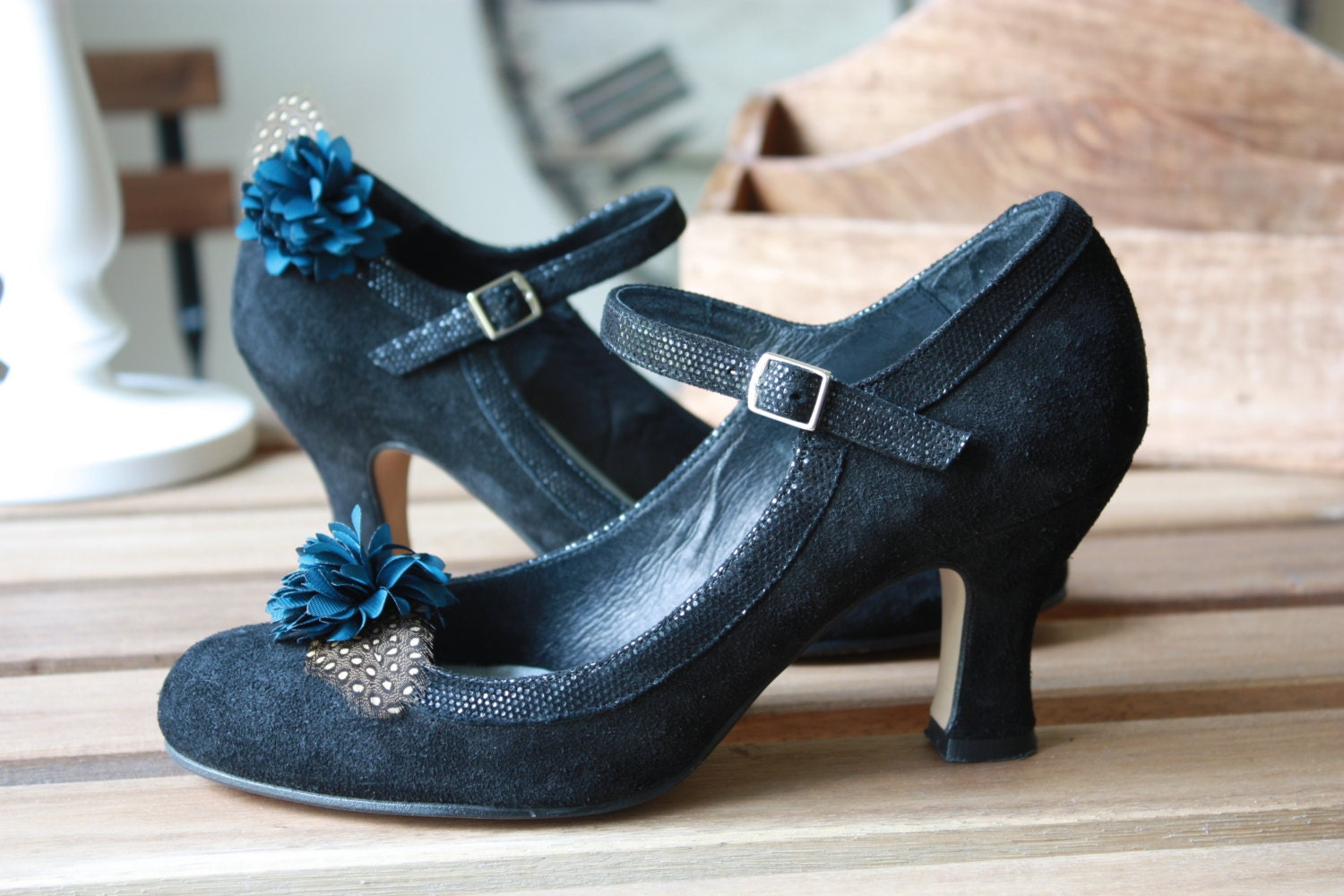 Shoe Clips / Lapel Pin Mini Teal Blue Chiffon by TheGreyDeer