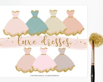 Dress Clipart, Luxe Dresses, Gold Glitter Dress, Couture Dress, Party Dress, Fashion Gown, Dresses Clipart, 7 PNG Files, Design Elements