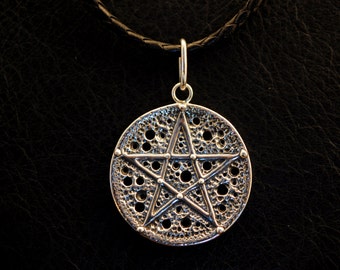 Full moon magic pendant, 925 sterling silver, pentacle, pentagram, witch, occult, pagan jewelry, witchcraft, ritual, lost wax casting