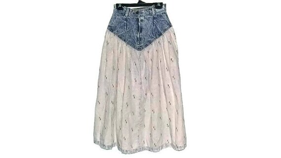 Vintage Jean Skirt 90s Acid Wash Denim and Fabric Pattern