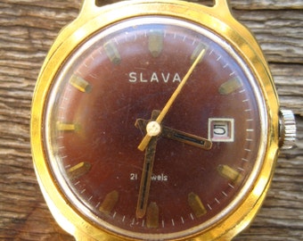 Vintage soviet wrist watch "Slava" Gold Plated 20 Mens watch Mechanical watch (Very Rare). Export version.