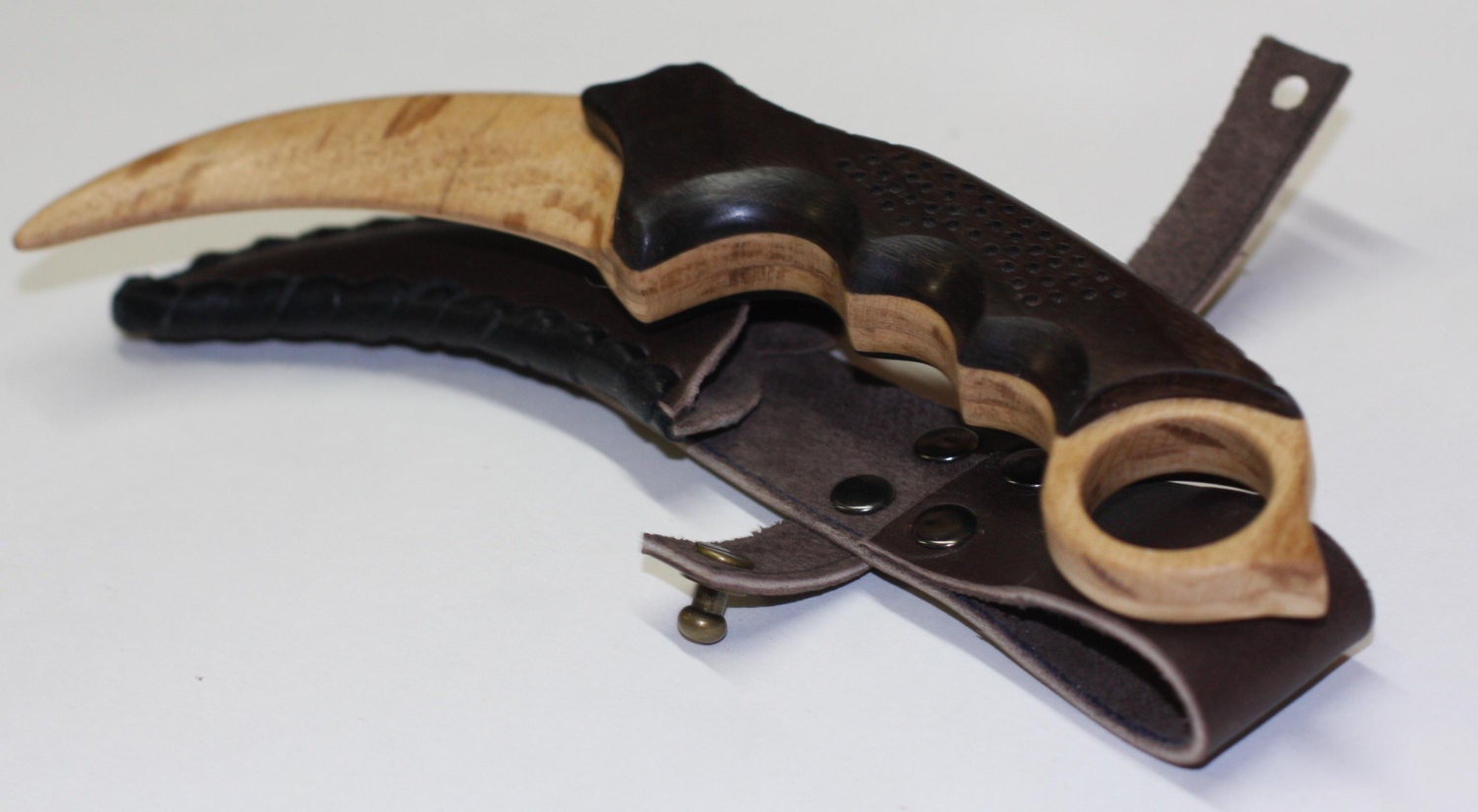 Toy wooden knife karambit with leather sheath by RusWoodToys