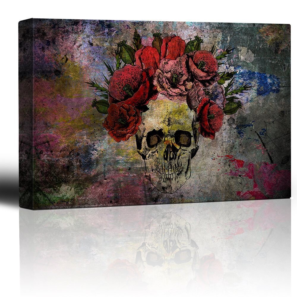 Human Skull with Roses Flowers over Colorful Splattered Paint