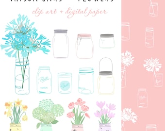 mason jar clipart, floral clip art, for personal and small commercial use