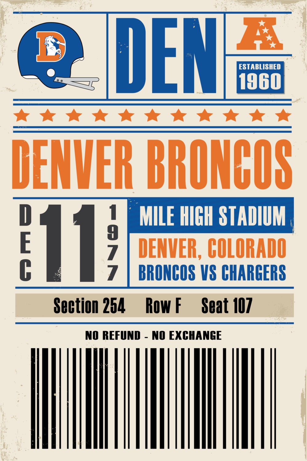 Denver Broncos Retro Ticket Print