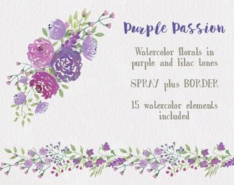 Watercolor floral clip art and elements: lilac and purple roses and flowers; hand painted; wedding clip art - instant download