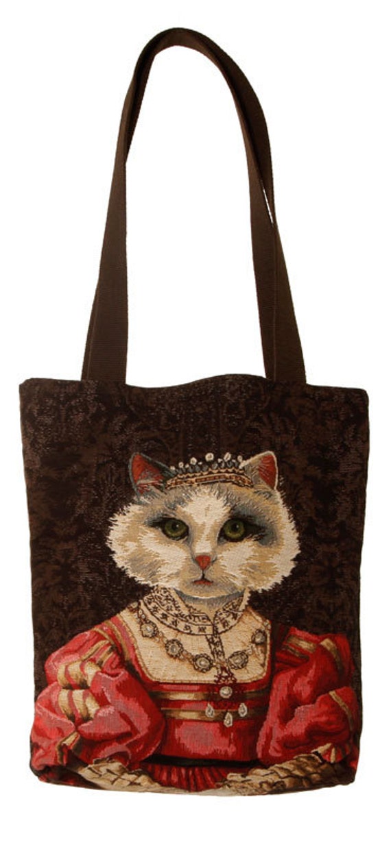 belgian gobelin tapestry tote bag cat with crown jacquard