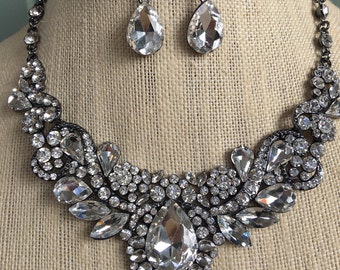 Beautiful Vintage Downton Abbey Style Clear Rhinestone Necklace and Earring Set...Wedding / Bridal / Bride