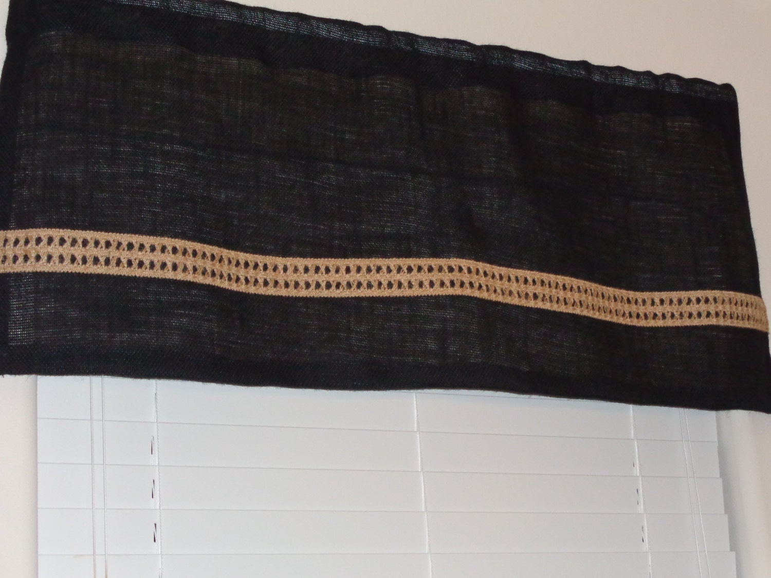 Black Burlap Curtain Valance with Jute Trim 17 x